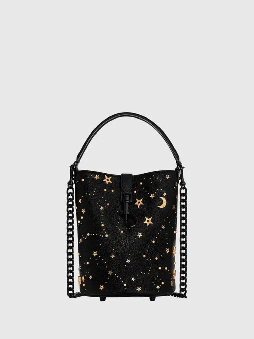 Rebecca Minkoff Black Bucket Bag with Gold Star & Moon studs - Edie top handle